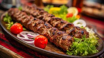 Mouthwatering kabab served hot with fresh lemon and herb garnish photo
