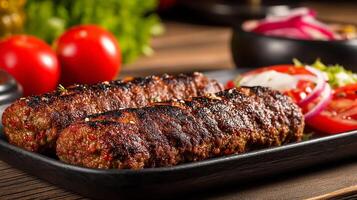 Mouthwatering kabab with fresh lemon slices and herb garnish photo