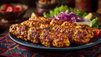 Tasty kabab cooked perfectly with fresh lemon and herb garnish photo