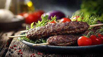 Appetizing kabab served on white plate with juicy meat texture photo