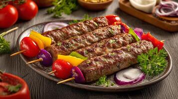 Tasty kabab served with roasted peppers and fresh parsley garnish photo