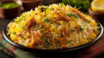 Rice and chicken biryani served with curry in authentic food photography photo