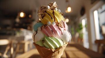 Smooth frozen scoops photo with sweet topping detail