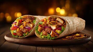 Pita wrapped roll with chicken beef inside photo
