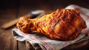 Chicken leg closeup photo on rustic table with studio lighting
