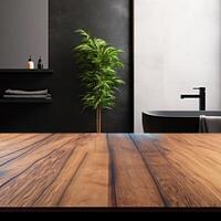Empty Wooden Tabletop with Blurred Indoor Background Product Display Mockup photo