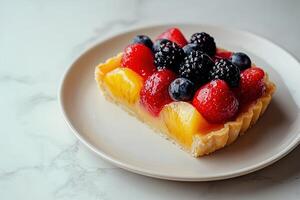 Simple and refined image featuring fresh fruit tart on a white plate, styled in clean minimal composition with soft lighting. Ideal for culinary magazines, advertising and social media posts photo