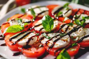 Fresh Caprese salad featuring mozzarella, ripe tomatoes and basil leaves, drizzled with balsamic glaze on white plate, illuminated by natural sunlight photo