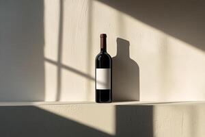 Elegant image featuring one wine bottle placed on plain white shelf, with gentle natural shadows enhancing simplicity of scene photo