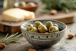 Delicious snack selection featuring stuffed green olives, rustic cheese blocks and assorted nuts on textured wooden background photo