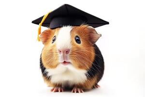 Whimsical image of fluffy guinea pig in academic attire, positioned on calm blue backdrop with free space for text or branding elements photo