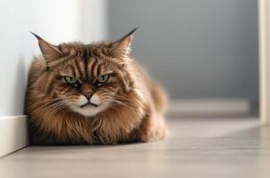 A grumpy Maine cat rests on the floor photo