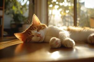 Orange and white cat sleeping peacefully in sunlight photo