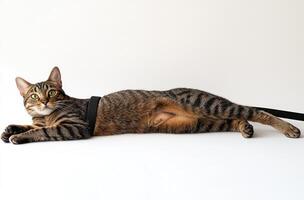 Tabby Cat Lying Down Wearing a Collar photo