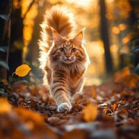 Maine Cat Walking Through Autumn Leaves photo