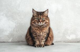 Longhaired Tabby Cat Sitting Against Grey Wall photo