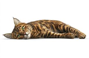 A Bengal cat lies down on a white background photo