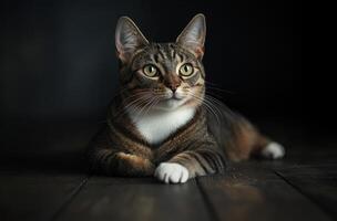 Tabby Cat Resting Elegantly On Dark Wood Floor photo