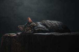 Tabby Cat Sleeping Peacefully On A Dark Wooden Stump photo