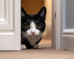 A curious tuxedo kitten peeks from behind a door photo