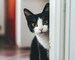 A Curious Black And White Kitten Peeking From Behind A Door photo