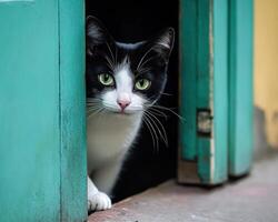 Black and white cat peeking from a teal door photo