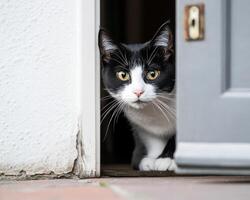 Black and white cat peeking through doorway photo