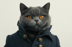 Grey British Shorthair Cat Wearing a Stylish Coat photo