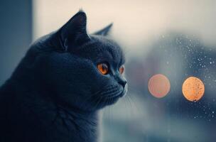 Gray Cat Gazing Through Rainy Window At Lights photo