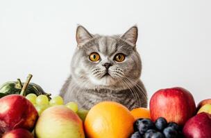 Grey Cat Behind Colorful Assortment Of Fresh Fruits photo