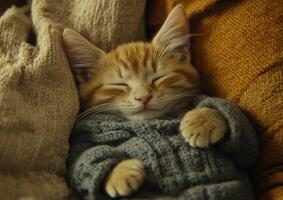 Orange Kitten Sleeping Peacefully In Cozy Sweater photo