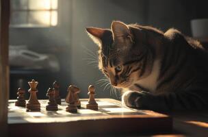 Tabby Cat Observing a Chess Game in Sunlight photo