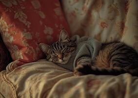 Tabby Cat Napping Peacefully Under Blanket On Couch photo
