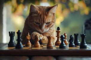Ginger Cat Playing Chess Game Strategically photo