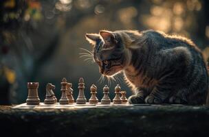 A curious tabby cat observes a chess game photo