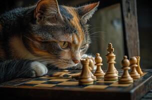 Calico Cat intently observing a chess game photo