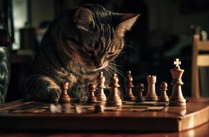 Tabby Cat Strategically Observing Chess Game photo