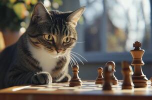 Tabby Cat Observing a Chess Game Carefully photo