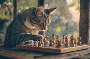 Tabby Cat Strategically Playing A Chess Game photo