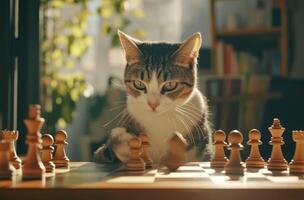 Tabby Cat Playing Chess In Sunlit Room photo