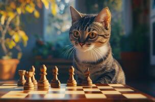 A tabby kitten observes a chess game intently photo