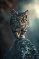 A Tabby Kitten Perched Upon A Dark Grey Rock photo