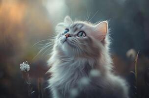 Fluffy Gray Kitten Gazes Upwards In A Field photo