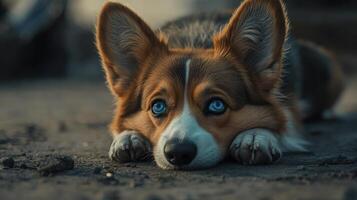 Adorable Corgi Puppy with Striking Blue Eyes Resting on Ground photo