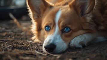 Adorable Corgi Dog Resting On The Ground With Stunning Blue Eyes photo