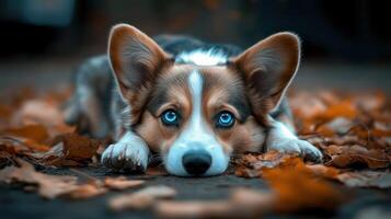 Adorable Corgi Puppy Resting Among Autumn Leaves photo