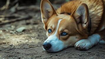 Adorable Corgi Dog Resting On The Ground With Striking Blue Eyes photo