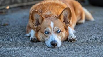 Adorable Welsh Corgi Resting On Pavement photo