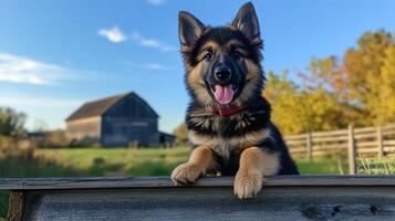 German Shepherd Puppy Posing on a Rustic Fence photo