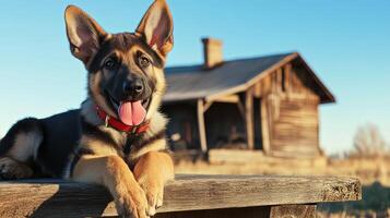 German Shepherd Puppy Posing Outdoors Near a Rustic Barn photo